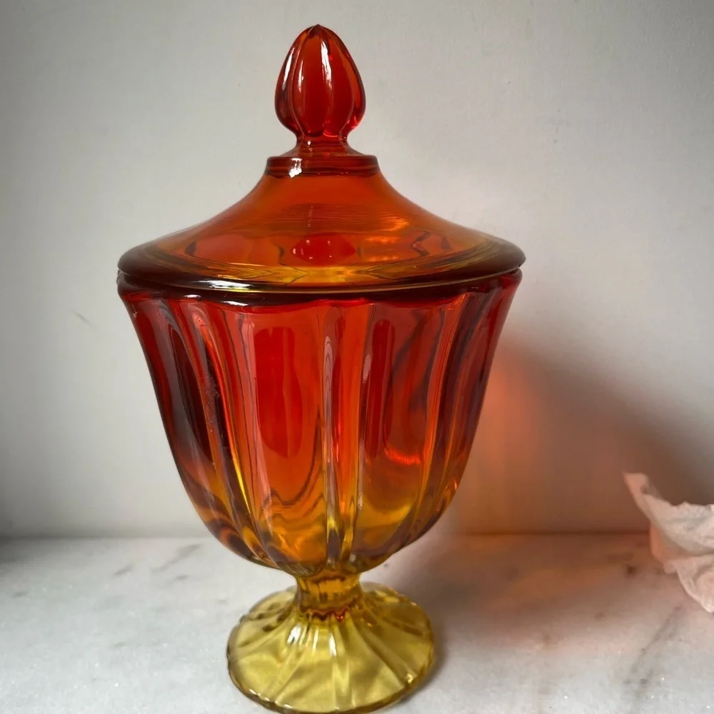 L.E. Smith Simplicity Candy Dish Orange Amberina 10.5” LARGE Size Cadmium GLOW